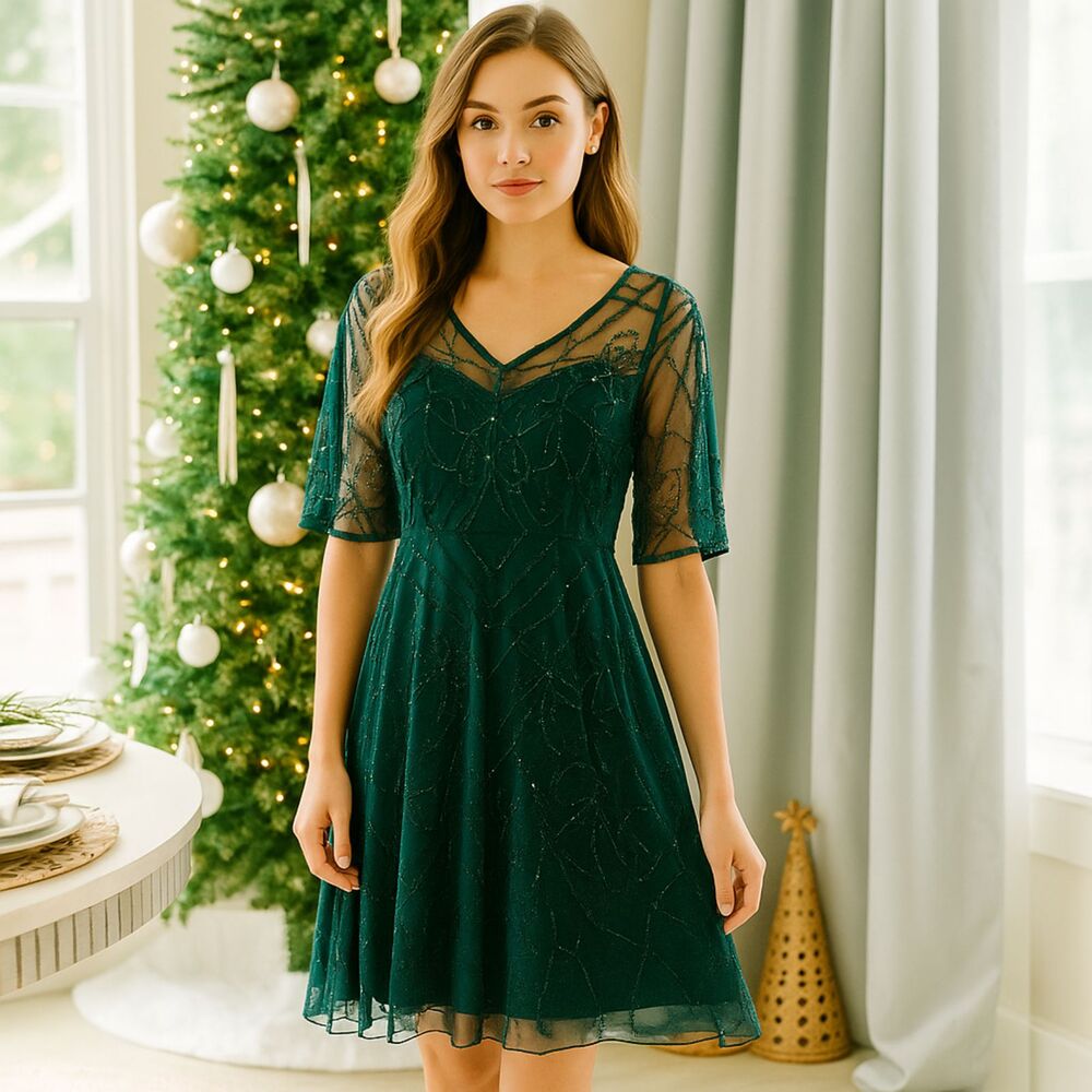 Adrianna Papell Emerald Green Beaded Sequin Mesh Dress 12 Holiday Fairy Xmas NYE